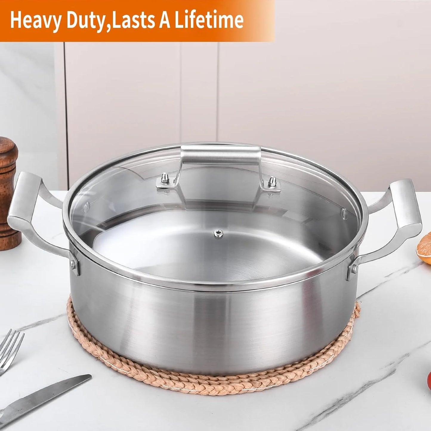 Stainless Steel 5.5QT Cookware Everyday Pan with Glass Lid