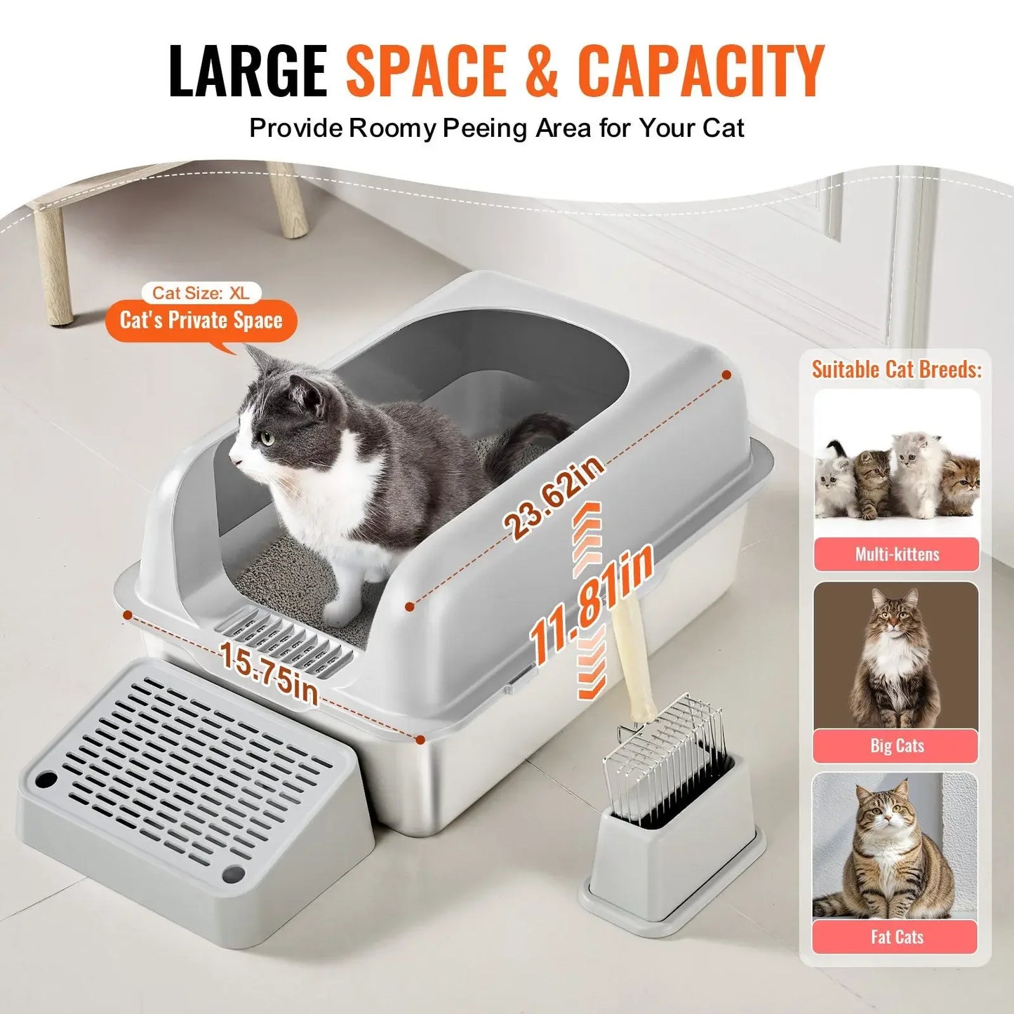 Stainless Steel XL Cat Litter Box with High Walls and Lid
