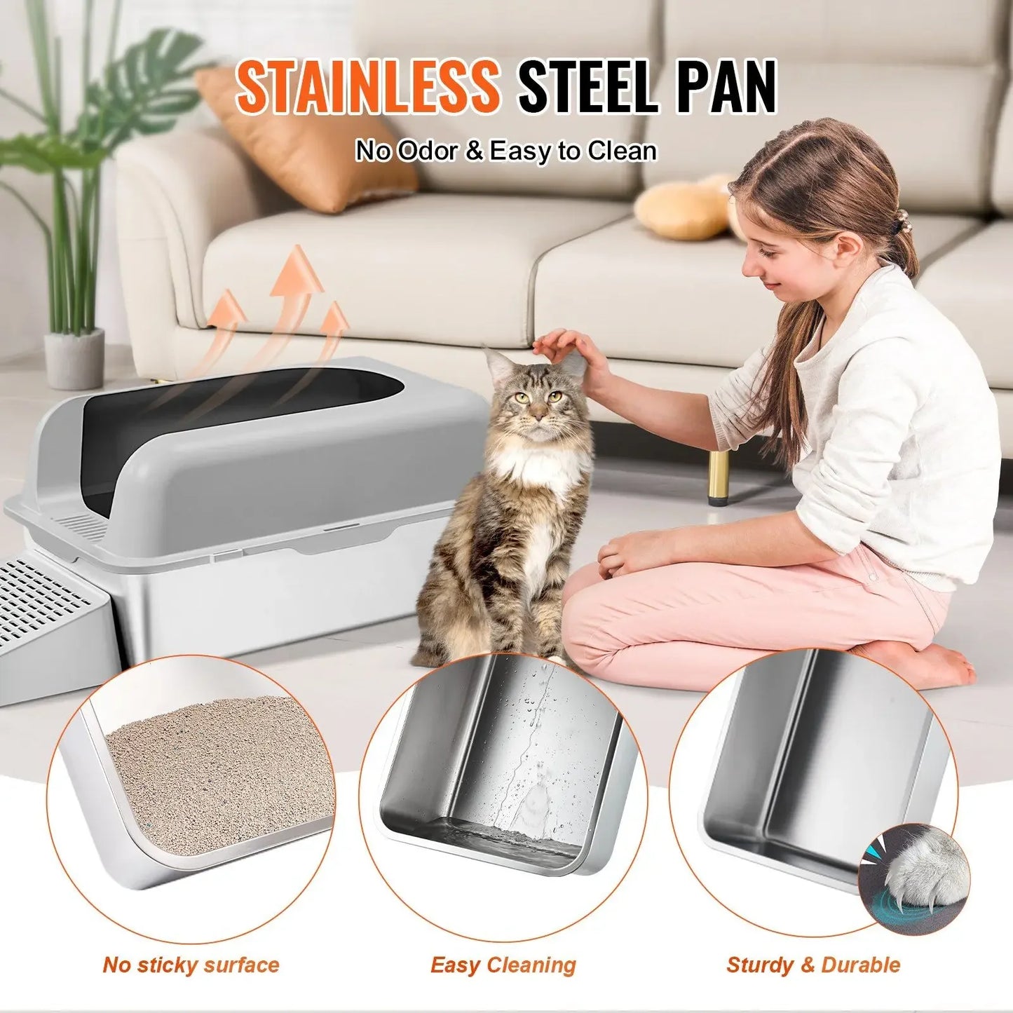 Stainless Steel XL Cat Litter Box with High Walls and Lid