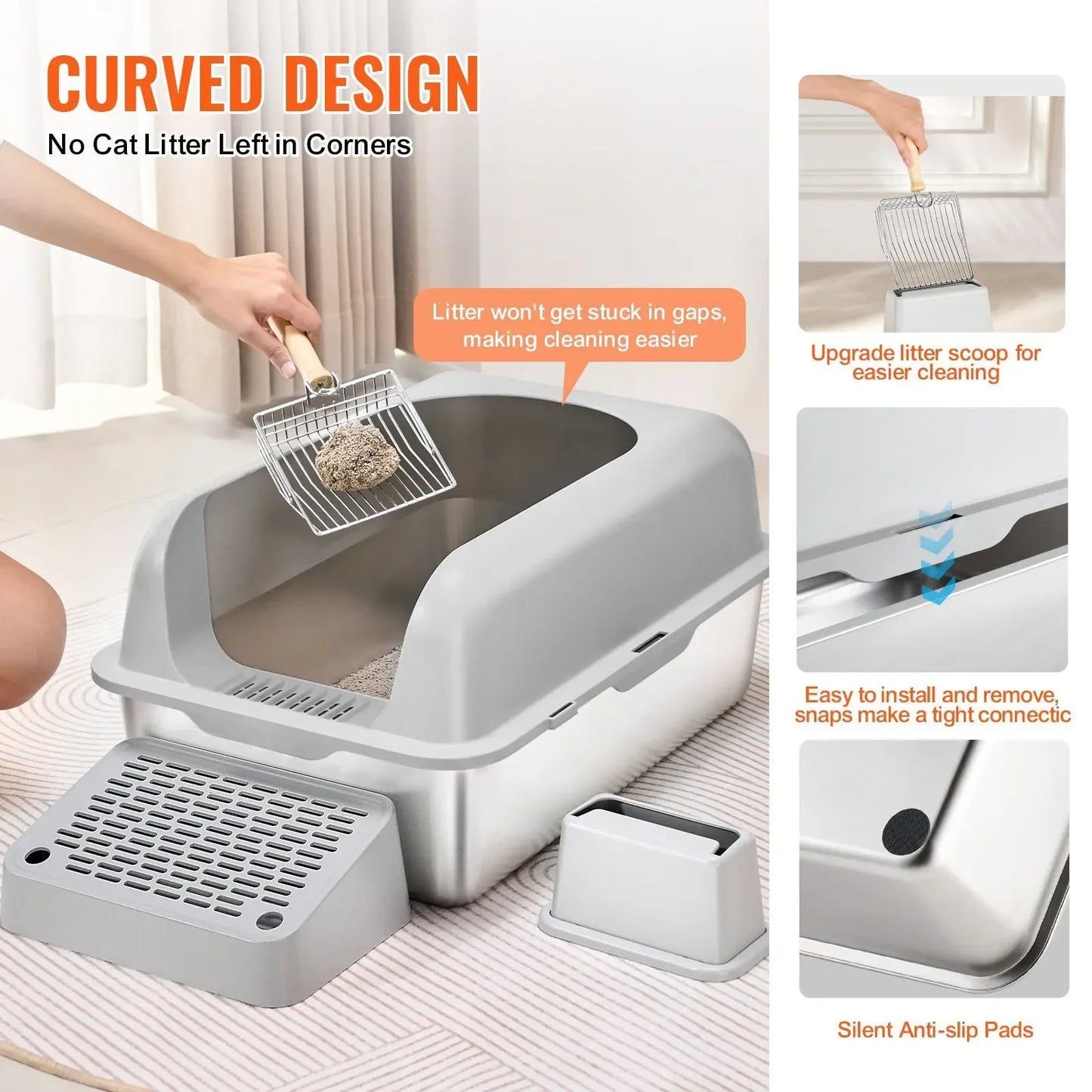 Stainless Steel XL Cat Litter Box with High Walls and Lid
